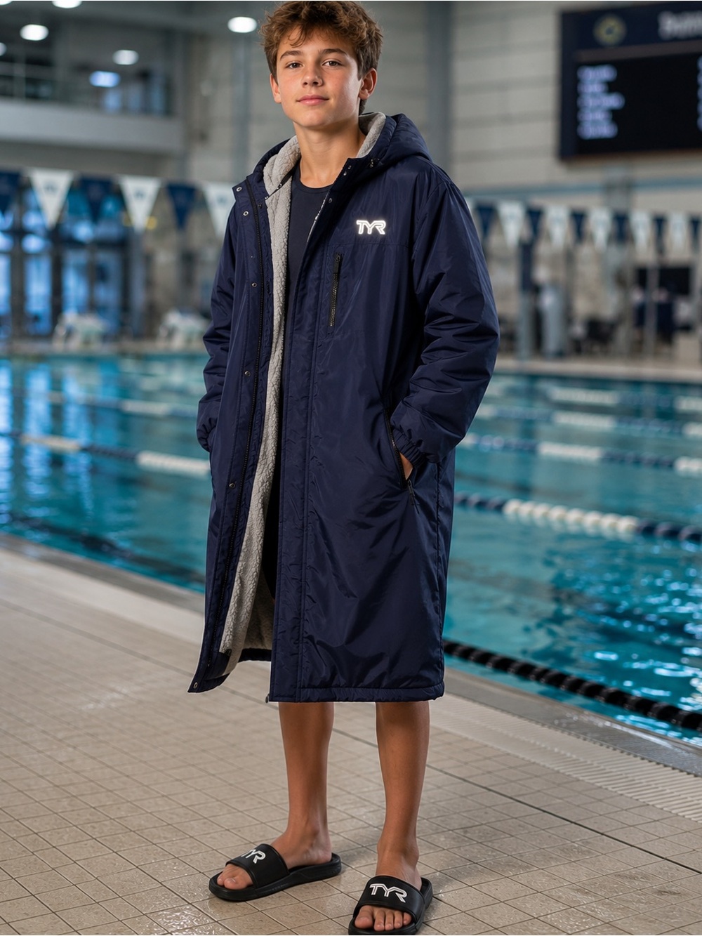TYR Youth Large Swim Parka Coat Navy Sherpa Lined Hooded Reflective Logo EUC